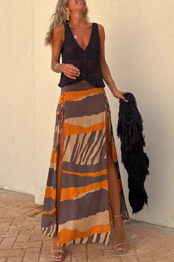 Moachic Bendita Colorblock Print Elastic Waist Side Lace-up Slit Maxi Skirt