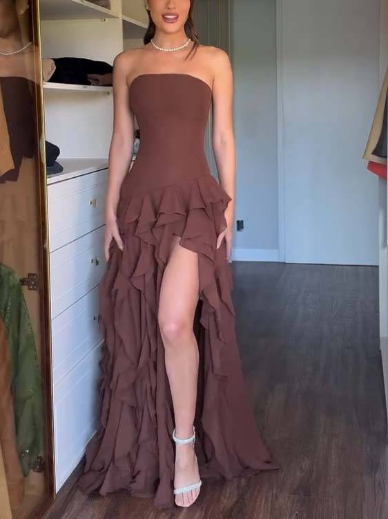Tube Top Multi-layer Ruffled Side Slit Maxi Dress