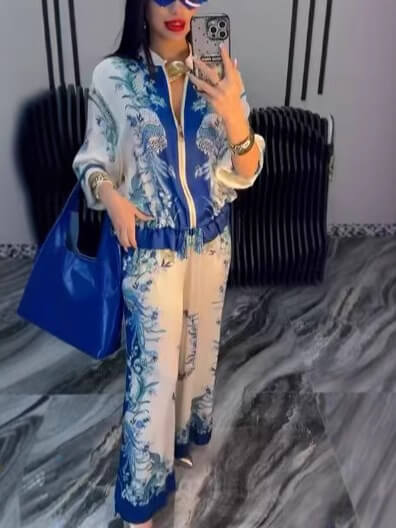 Moachic Zip-Up Floral Print Blouse and Pants 2 Piece Set