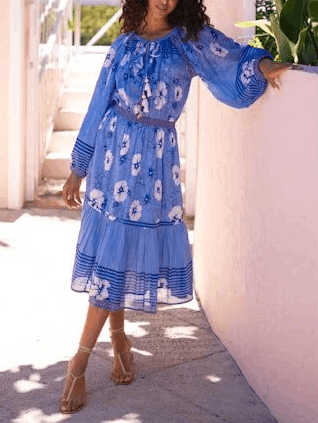 Lace-Up Puff Sleeve Printed Dress