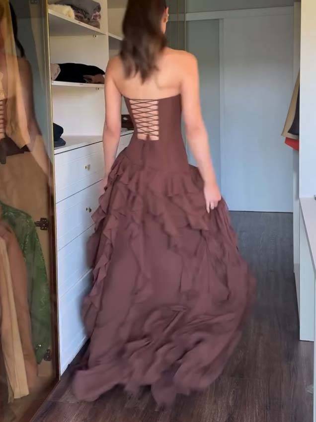 Tube Top Multi-layer Ruffled Side Slit Maxi Dress
