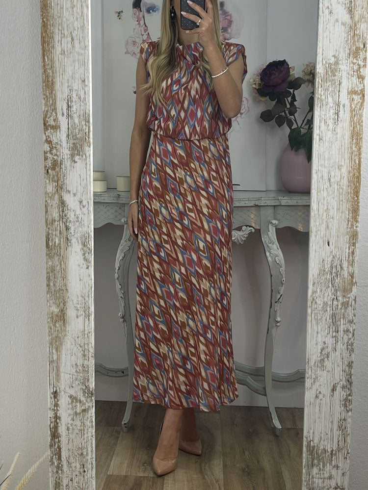 Elegant Painted Geometric Print Sleeveless Midi Dress
