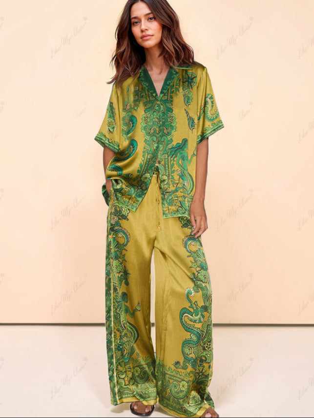 Exquisite Satin Unique Floral Print Button Down Loose Shirt and Pants Set