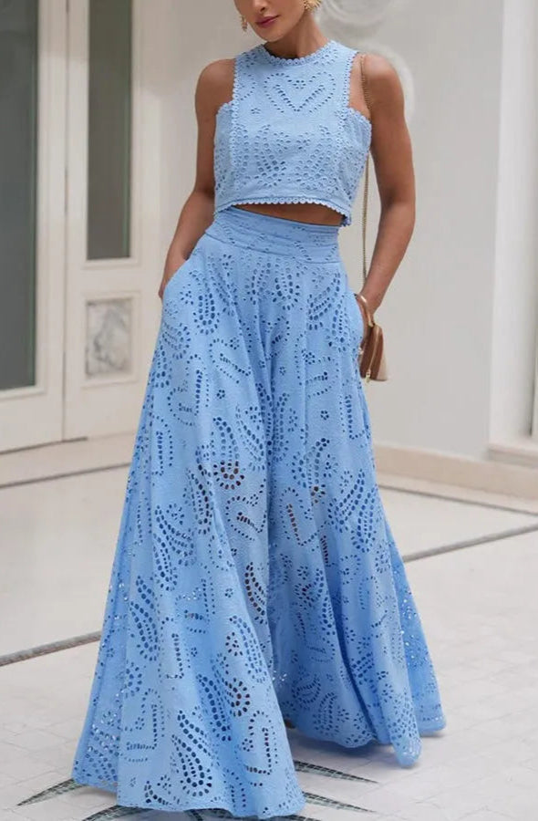 Exquisite Sleeveless Embroidered Hollow Lace Top & skirt