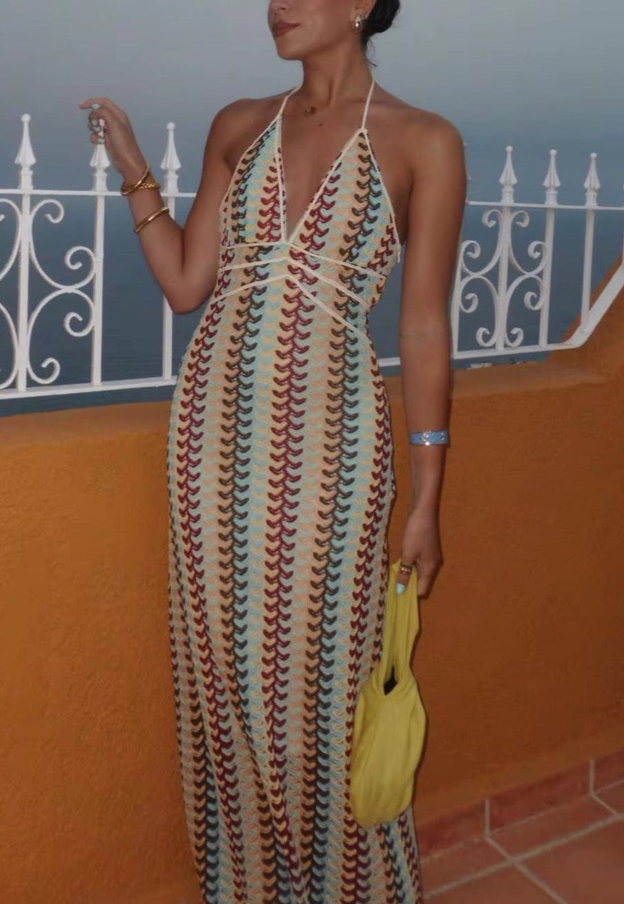 Moachic Zigzag Crochet Maxi Halter Dress