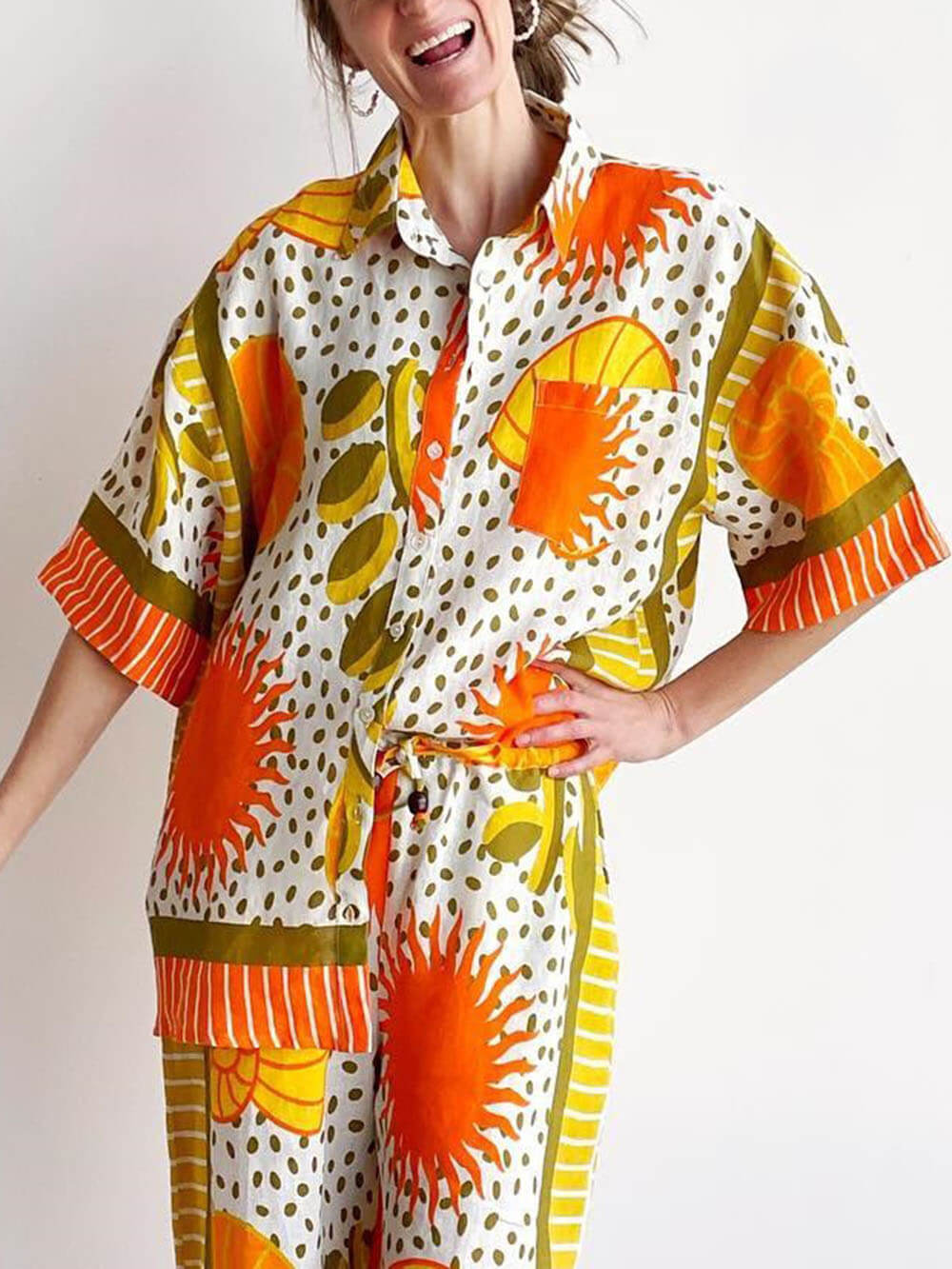 Casual Unique Satin Sun Print Loose Button Down Oversized Shirt and pant 2 pieces set