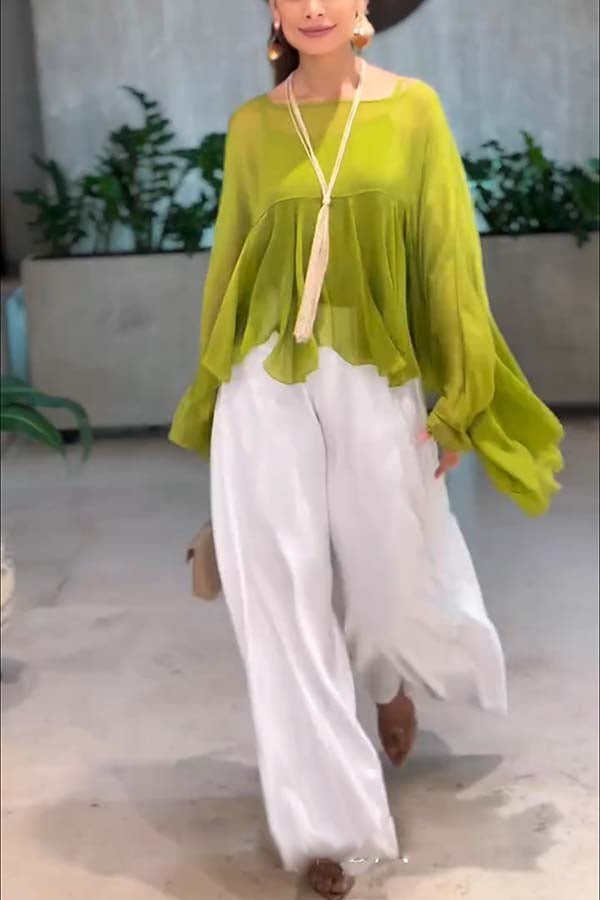 Moachic Romantic Journey Chiffon Ruffle Batwing Sleeve Top and Elastic Waist Pocket Loose Pants Set