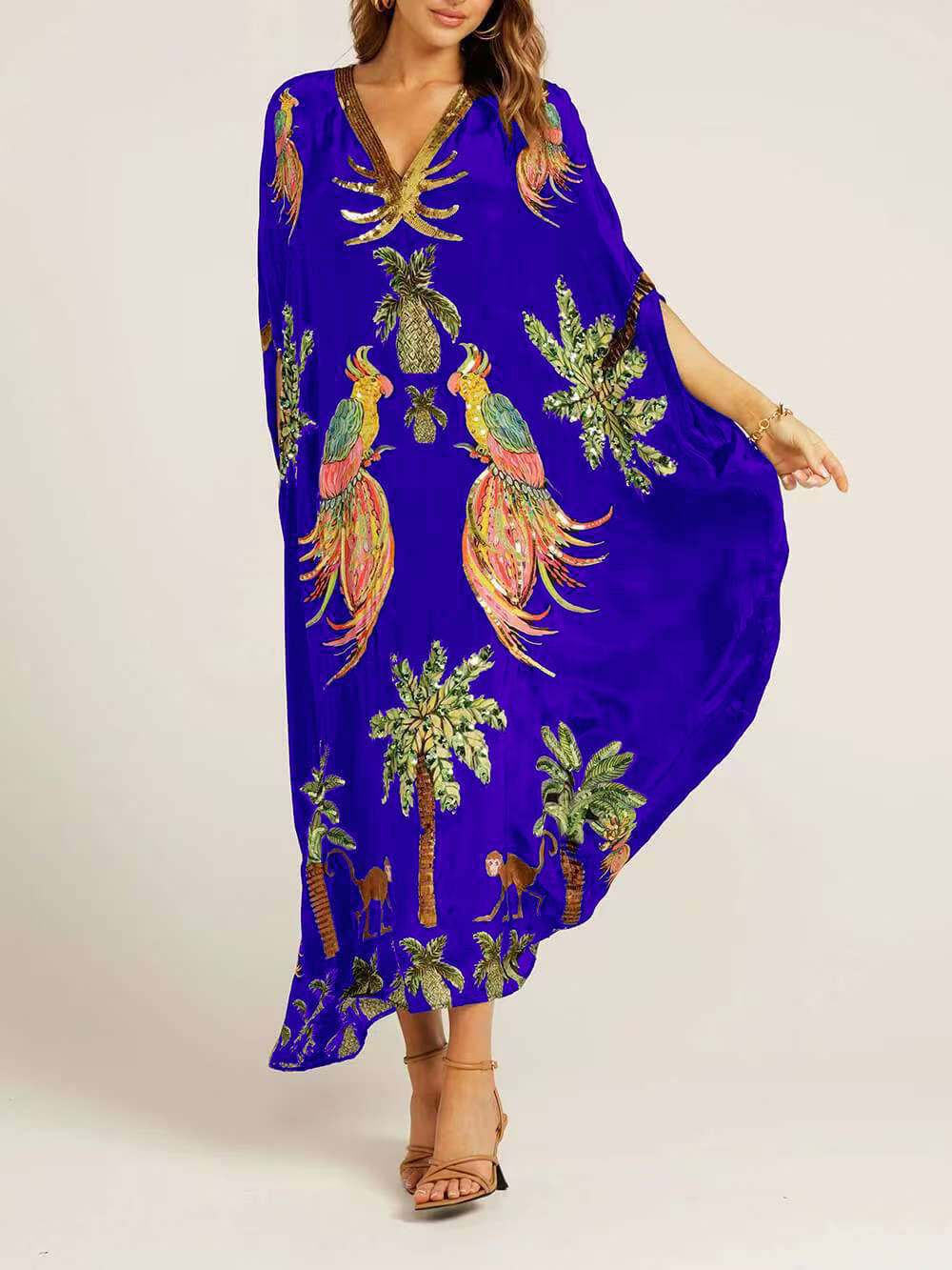 Moachic Unique Drop Shoulder Sleeve Coconut Tree Printed Dress
