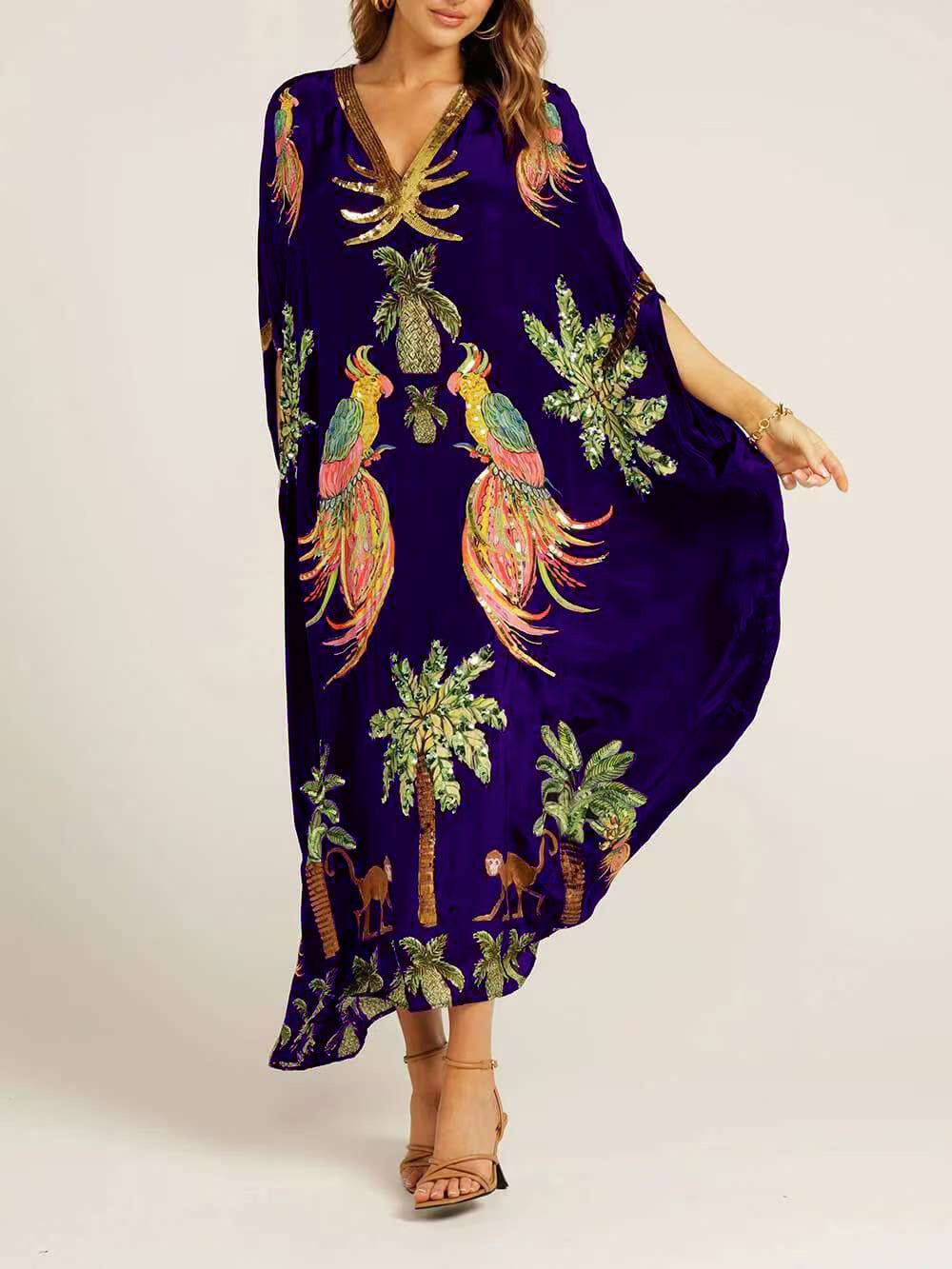 Moachic Unique Drop Shoulder Sleeve Coconut Tree Printed Dress