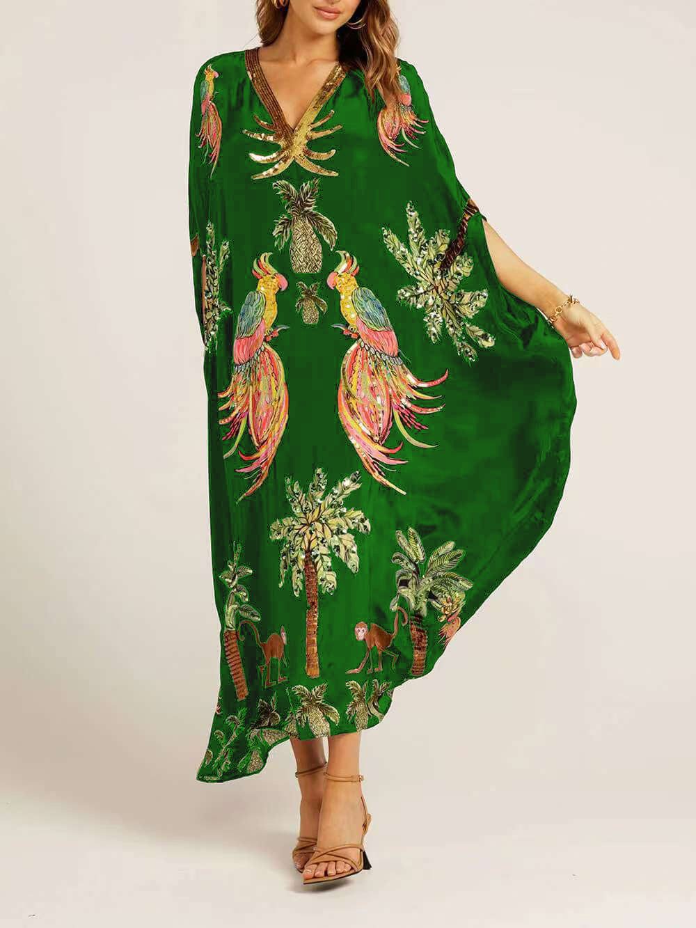 Moachic Unique Drop Shoulder Sleeve Coconut Tree Printed Dress