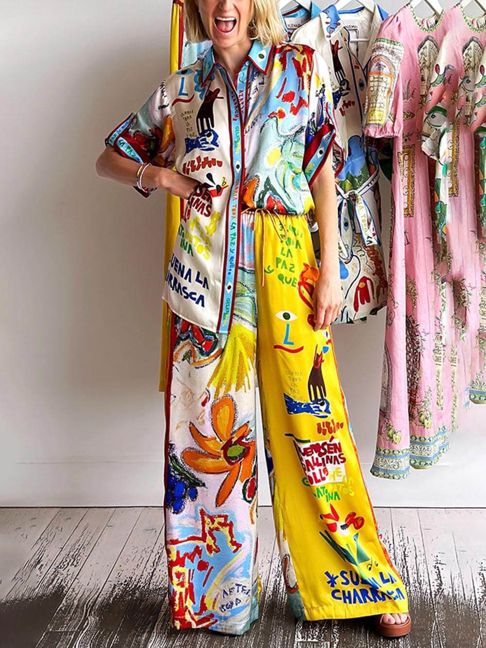 Unique Print Short-Sleeved Loose Shirt and Pants Set