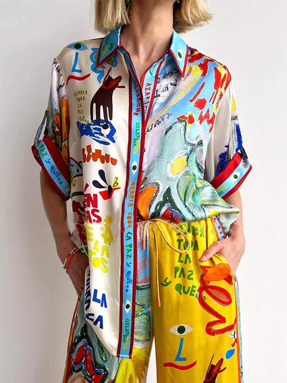 Unique Print Short-Sleeved Loose Shirt and Pants Set