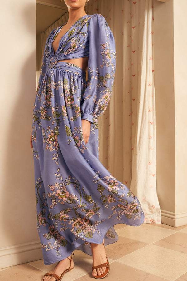 Exquisite Floral Print Hollow Maxi Dress