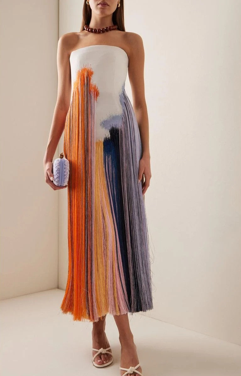 Abstract Brushstroke Fringe Cocktail Dress