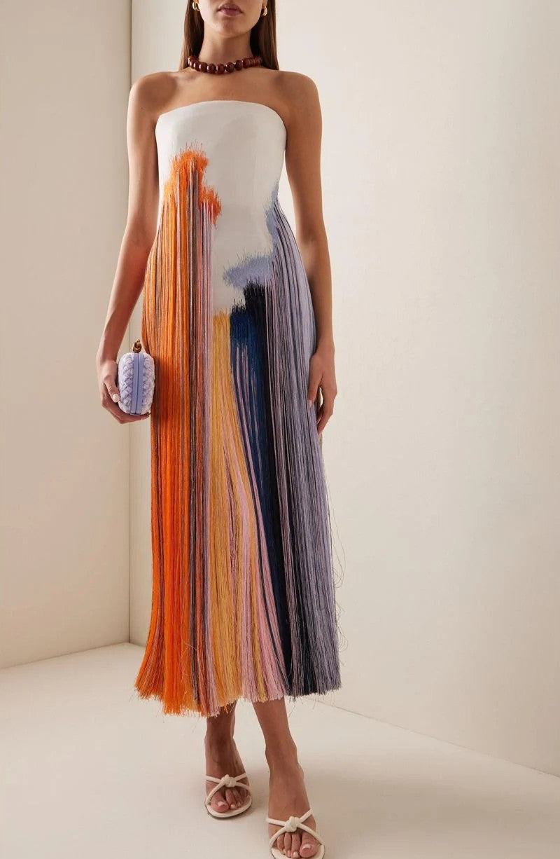 Abstract Brushstroke Fringe Cocktail Dress