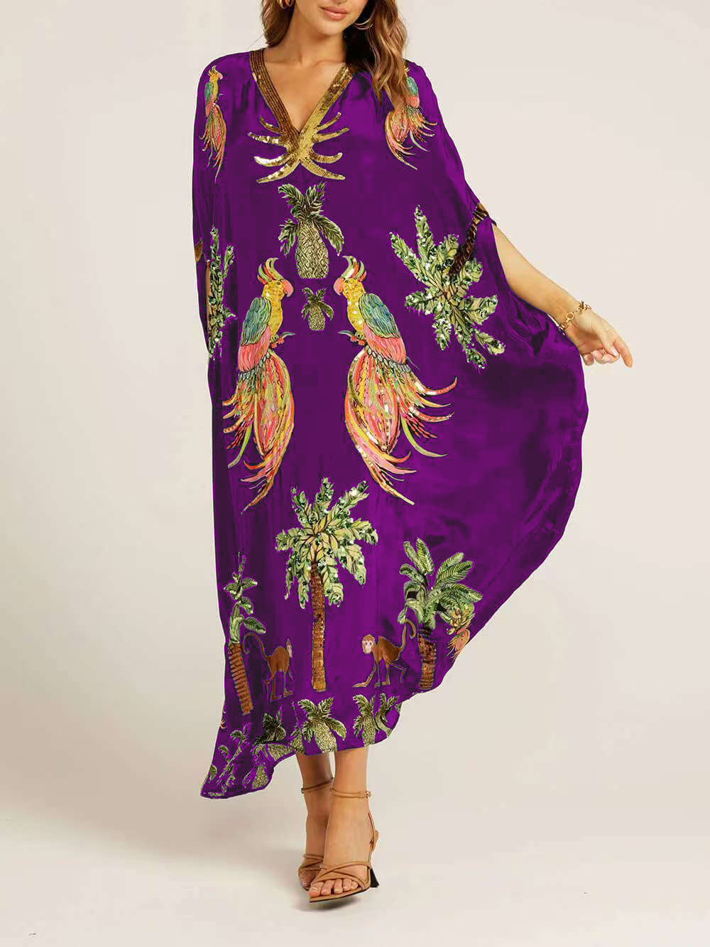 Moachic Unique Drop Shoulder Sleeve Coconut Tree Printed Dress