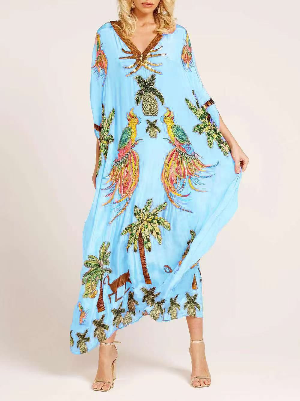 Moachic Unique Drop Shoulder Sleeve Coconut Tree Printed Dress