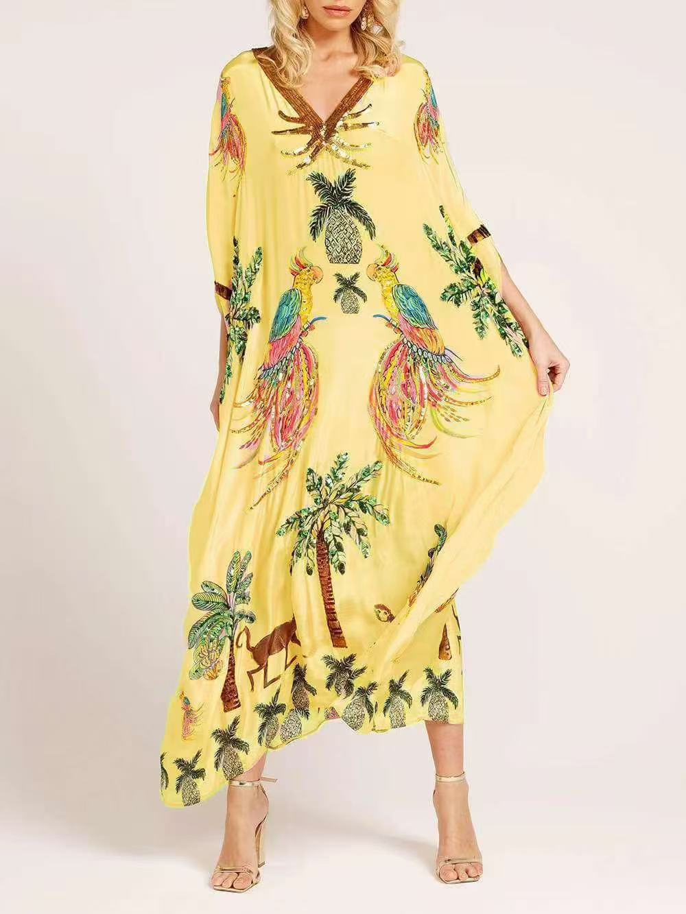 Moachic Unique Drop Shoulder Sleeve Coconut Tree Printed Dress
